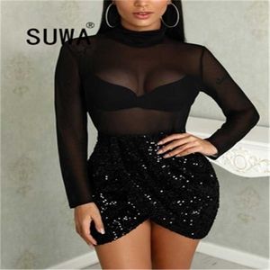 All Black Elegant See Through Mesh Patchwork Women Dresses Evening Party Bodycon Mini Long Sleeve Vestidos Deal 210525