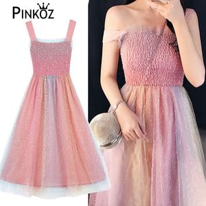 Yaz Elbise Mesh Tatlı Spagetti Kayışı Glitter Gökkuşağı Renkli Doğum Günü Partisi Blusas Mujer de Moda Verano 210421