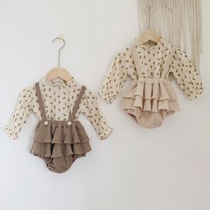 2Pcs Vintage Baby Girl Clothes Set Summer Cotton Floral Blouse Shirt Romper Dress Spring born Outfits W220304