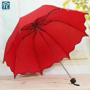Paraplyer Non-Automatisk Trefaldig Paraply Regn Kvinnor Fällbar Söt Flouncing Lace Kvinna Vuxna Multi-Color Vattentät