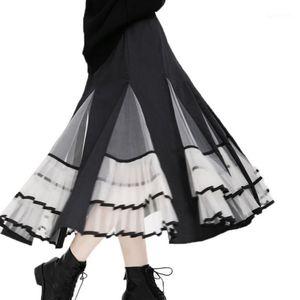 Skirts Women Black Pleated Skirt Patchwork Mesh Laciness Female Plus Size Loose Fit High Waist Girl 2021 Spring Autumn