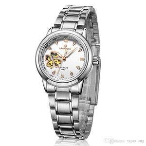 Aço inoxidável de aço inoxidável mecânica casual relógio marca relógios azuguão dial oco senhoras impermeável moda feminina trevo wristw