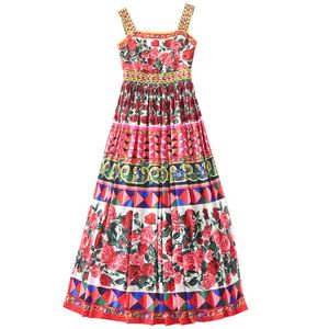 Vestidos Casuais 2021 Pista Maxi Vestido Verão Verão Mulheres Luxo Rosa Floral Impressão Espaguete Strap Party Long Vestidos Robe Femme