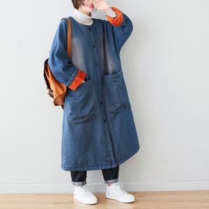 Johnature Women Vintage Denim Cotton Parkas O-Neck Långärmad Knapp Storfickor Skriv ut Blommor Vinter Blå Lösa Parkas 210521