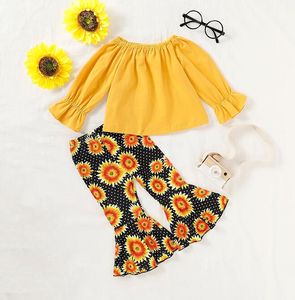 Höstbarn Baby Tjej Kläder från axel Solid Färg Toppar Sunflower Print Långbyxor 2PCS OUTFITS SET