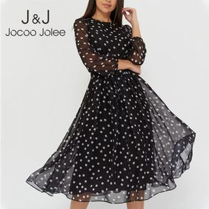 Jocoo Jolee Chiffon Pleated O-Neck Women Mesh Printing Lace Spring Sexy Lace Up Long Sleeve Wave Point Casual Loose Maxi Dress 210518