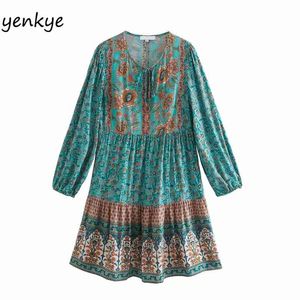Summer Casual Dress Women Vintage Floral Print Lady Lace Up O Neck Long Sleeve Pleated Holiday Plus Size Short robe 210514