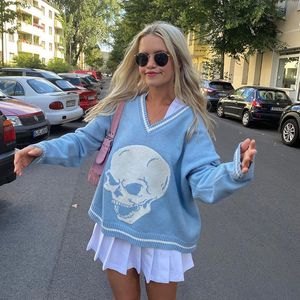 Y2K Swetry Czaszki Swulls Pulowers V Neck Knitwear Loose Casual Dzianiny Topy Kobiety Streetwear Retro Topy Niebieski 2020 Jesień