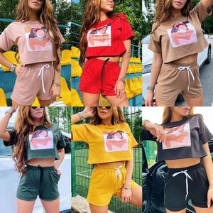 Aachoae Summer Casual Stampato Tshirt Suit Donna Batwing Manica corta Sport Short Top + Pantaloncini solidi Tuta Set Ensemble Femme X0428