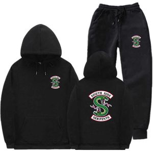 Streetwear Fleece Riverdale Hoodie And pants autumn winter Hoodie Sweatshirt Men Women South Side Serpents Sweatpants Suit X0610