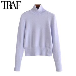 Kvinnor Mode Soft Touch Cropped Stickad Sweater Vintage High Neck Långärmad Kvinna Pullovers Chic Toppar 210507