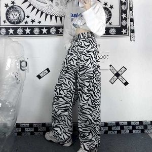 Casual Trousers Women's Zebra Pattern Wide-Ben Byxor Lossa Wild Koreansk Höst Hög Midja Student Stre 210526