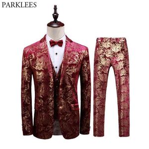 Paisley Wedding 3 Piece Passar Män (Jacka + Byxor + Väst) Märke Design Guld Blommor Tuxedo Män Slim Fit Dress Suits Stage Kostymer 210522