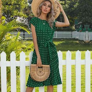 Sommar polka dots ärmlös pläterade klänningar för kvinnor hög midja Midi elegant kontor grön dam middag fest kläder 210623