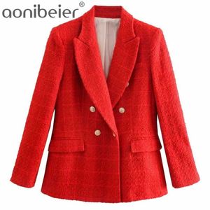 Aonibeier Stylish Elegant Red Double Breasted Tweed Jacket Women Pockets Turn down Collar Coats Female Chic Outerwear 211019