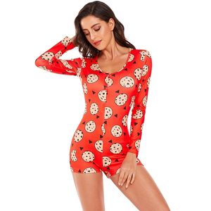 OMSJ Long Sleeve Skinny Romers Women Jumpsuits Casual Red Cookie Print Nightwear Playsuit Female Sexy V-neck Bodycon Outfit 210517