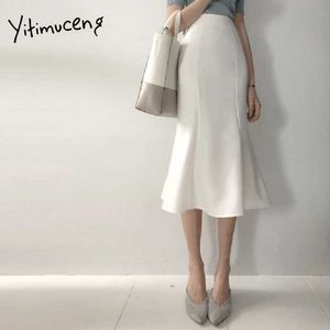 Yitimuceng White Womens Kjolar Sommar Zipper Plus Storlek Slim Trumpet Unicolor Black High Waist Kläder Koreansk Fashion 210601