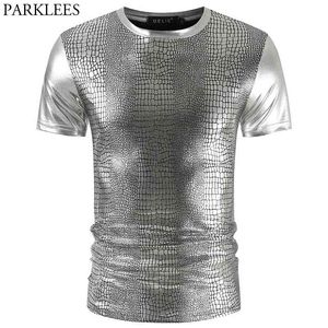 Sliver powlekany metaliczny klub nocny t shirt mężczyźni sexy wąż wzór męskie tshirts party sceny odzież męska koszulka homme 210522