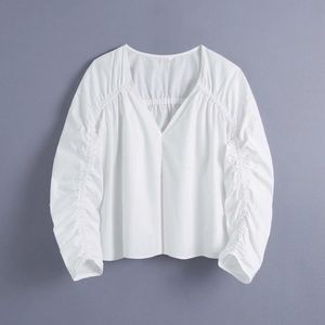 Летние женщины плиссированные дизайн три четверти рукава короткая блузка женские V шеи ударить рубашку вскользь леди свободно топы Blusas S8800 210430