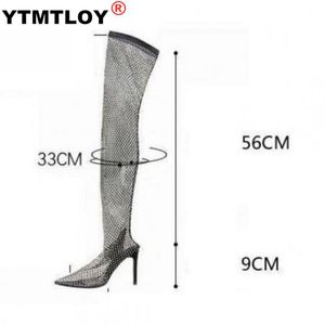 Hot Nightclub Rhinestone Bling Summer Sunscreen Breathable Pointed Toe Super High Heels Modern Over-the-knee Boots Mesh K78
