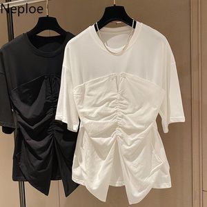 Neploe Shirts女性の緩いパッチワーク夏TシャツOネック半袖レースアップ韓国のシックなプリーツホワイトトップス女性210422