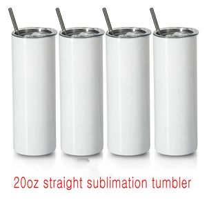 US Stock Sublimation Blanks Tumbler White 20oz Straight rostfritt stål tumlare med plaststrå och lock