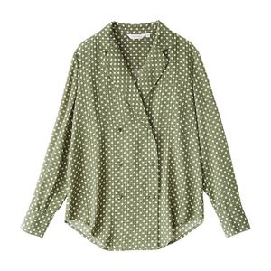 Women Green Polka Dot Turn Down Collar Long Sleeve Full Shirt Vintage Notch B0506 210514