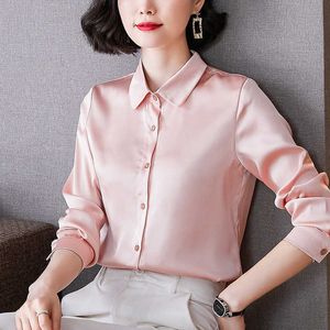10代の少女夏のシルクボタンダウンシャツの女性長袖ブラウスプラスサイズXXXL 210531のための韓国のファッションシャツ