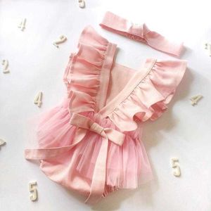 Ins Fashion Infant Baby Ruffles Pagliaccetto con gonna tutu Adorabili ragazze nate Vestiti estivi Cotone coreano Lino Outfit 210529