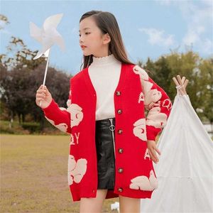 Outono crianças Cardigan estilo coreano camisola de malha para crianças meninas criança bebê desenhos animados urso casacos vermelho / preto cor 211106