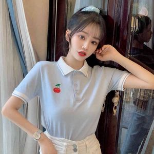 Lucyever Sweet Cute Druck Kirsche T-Shirts Damen Sommer Mode Button Turndown Colla Frauen Tops Koreanische Freizeithemden Frau 210521