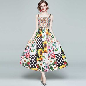 Summer Fashion Bohemia Retro Floral Print Vestidos Female Spaghetti Strap Sleeveless Slim Pleated Long Dress 210529