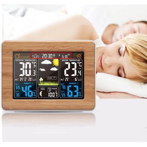 Desk Electronic Alarm Clock Bamboo Texture Table Digital Alarm Clocks Indoor Outdoor Temperature Humidity Wireless Sensor Weather Forecast Snooze ZL0053