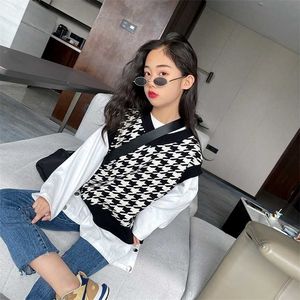 Pojkar och tjejer Houndstooth Vest Sweater Fall Trendy stickad jacka topp 211201