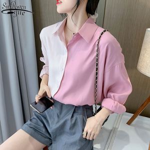 Осенние слойки с длинными рукавами розовые моды женские блузки корейский цвет сшитая рубашка одиночная грудящая блузка откалы 12127 210427