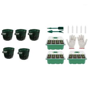 Pratsers Pots 5 шт. 10 галлонов Картофельные культивирование, посадочные ткани Сумки из ткани с 12-клеточной семенной пропагаточной лоткой.