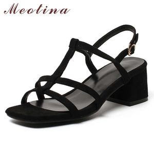 Meotina Shoes Women T-Strap High Heel Sandals Square Toe Thick Heels Buckle Strap Footwear Lady Summer Sandals Female Beige 43 210608