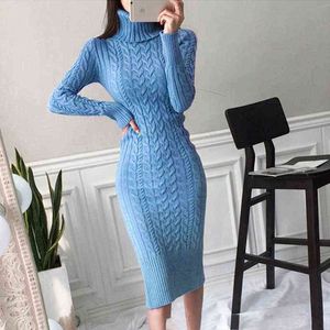 2021 Winter Thicken Turtleneck Sweater Maxi Dresses Women Bodycon Knitted Solid Color Plus Size Dress Female Knitwear Vestidos G1214