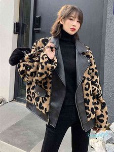 Netto röd motorcykel förtjockad leopard coat kvinnlig höst och vinter all-match ung läder krage lamm hår stygn päls y1217