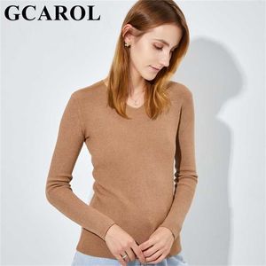 GCAROL Inverno Donna Scollo a V Morbido caldo maglione minimalista Stretch Strisce calde Modello Pullover di lavoro a maglia Elegante Maglieria a coste 2XL 211215