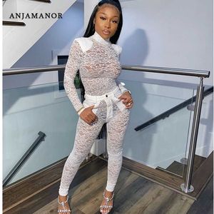 ANJAMANOR See Through Lace Sexy Club Two Piece Set Top and Pants New Products 2020 Party Bodycon 2pcs Sets Womens Outfits D37AF5 Y0625