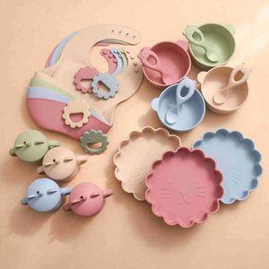 BPA Bib Free Baby Silicone Tableware Impermeabile Bib Solid Color Plate Dinner Plate Sucker Ciotola e cucchiaio Cat Coppa di paglia per bambini G1210