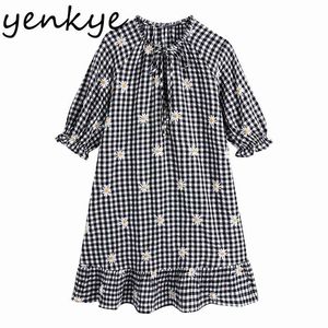 Summer Women Vintage Floral Plaid Dress Female Lace Up Stand Collar Half Sleeve Casual Loose Plus Size Vestido 210430