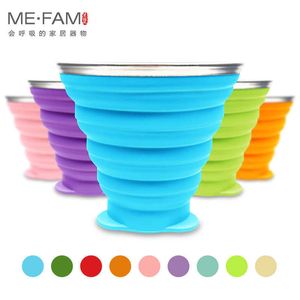 270ml Silicone Collapsible Travel Cup Outdoor Portable Folding Camping Cups With Lids Lanyard Expandable Drinking Copa BPA Free 210611
