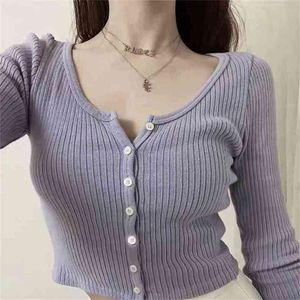 Women Button Up Cotton Long Sleeve Rib Sweater Crop Knit Top 210512