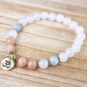 MG1329 Damen-Sonnenstein-Aquamarin-Mala-Armband, 8 mm, Schneequarz, handgefertigt, Heilenergie-Armband, Meditationsperlen, Schmuck