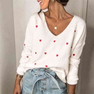 Heart Print V Hals Stickad Oversierad Casual Sweater Pullovers Kvinnor Vit Vinter Varm Vintage Jumper 210427