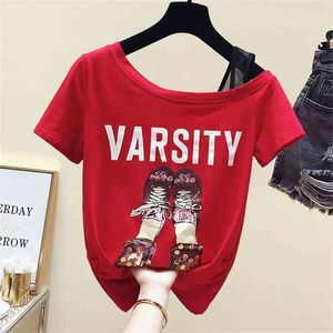 WWENN Short Sleeve T Shirt Women Top Sequins White Sexy Letter Summer Cotton T-shirt Tee Femme Green Red 210507