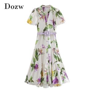 Boho Style Floral Print Long Dress Lantern Short Sleeve Elegant Shirt Bandage Vintage Pleated es Vestidos 210515