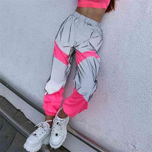 Omsj jesień zima luźna wysokość talii flash odblaskowy patchwork jogger spodnie kobiety neon streetwear stroje ładunki spodnie 210517